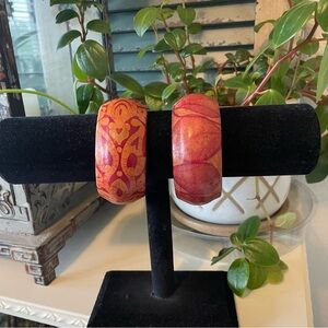 Vintage Red and Orange Patterned Leather Bangles